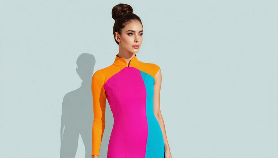 Model showcasing a vibrant color-blocked dress design