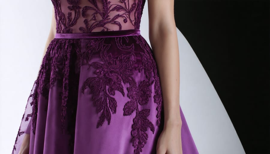 Detail shot of a dress with mixed lace and velvet fabrics