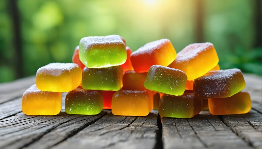 Close-up of CBD gummies displayed in a calming and serene environment