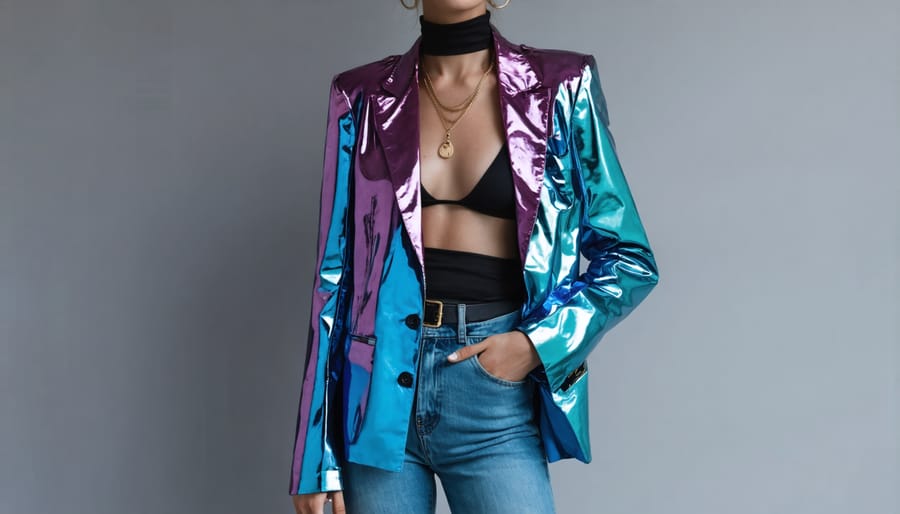 Fashion model wearing metallic and bold patterned outfit inspired by vaping culture